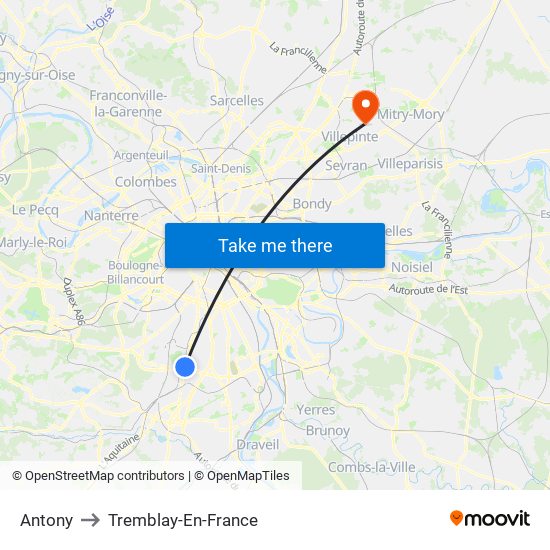 Antony to Tremblay-En-France map