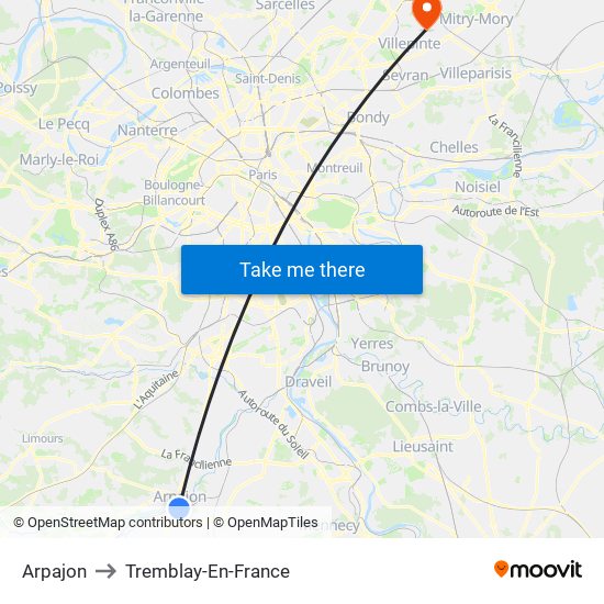 Arpajon to Tremblay-En-France map