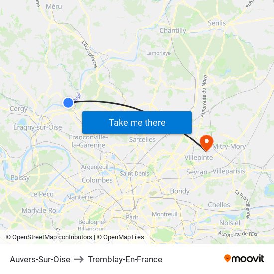 Auvers-Sur-Oise to Tremblay-En-France map
