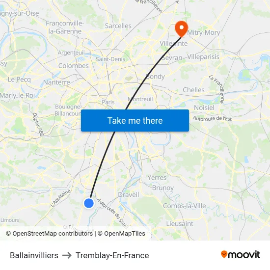Ballainvilliers to Tremblay-En-France map