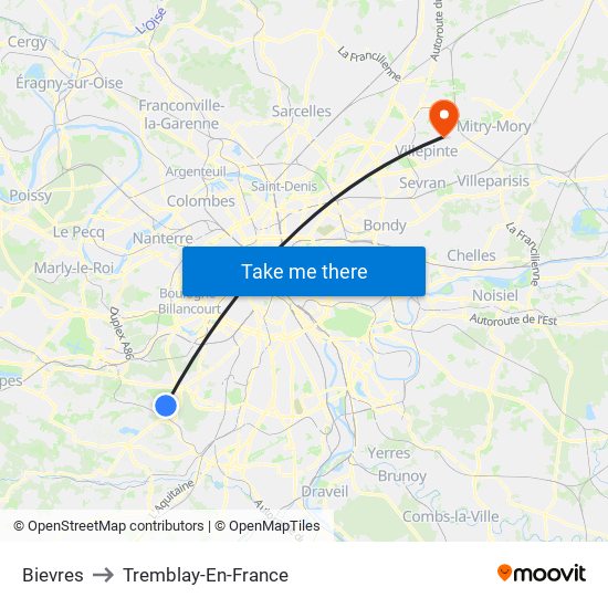 Bievres to Tremblay-En-France map
