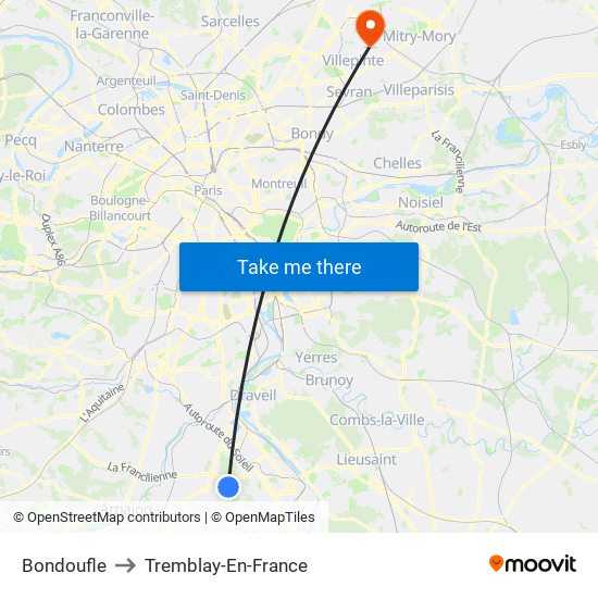 Bondoufle to Tremblay-En-France map