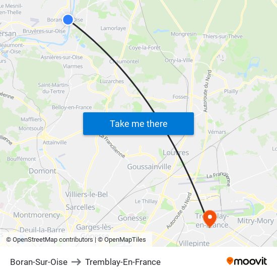 Boran-Sur-Oise to Tremblay-En-France map