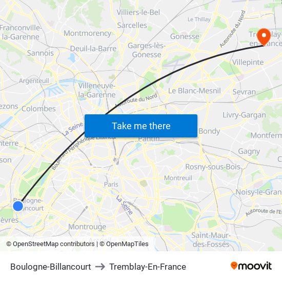 Boulogne-Billancourt to Tremblay-En-France map