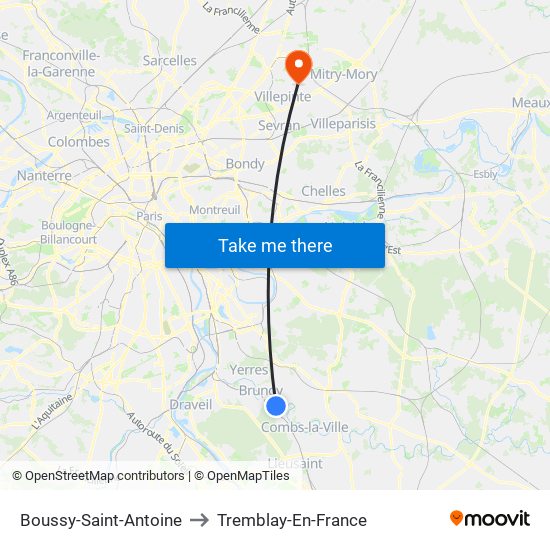 Boussy-Saint-Antoine to Tremblay-En-France map
