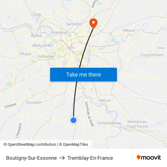Boutigny-Sur-Essonne to Tremblay-En-France map