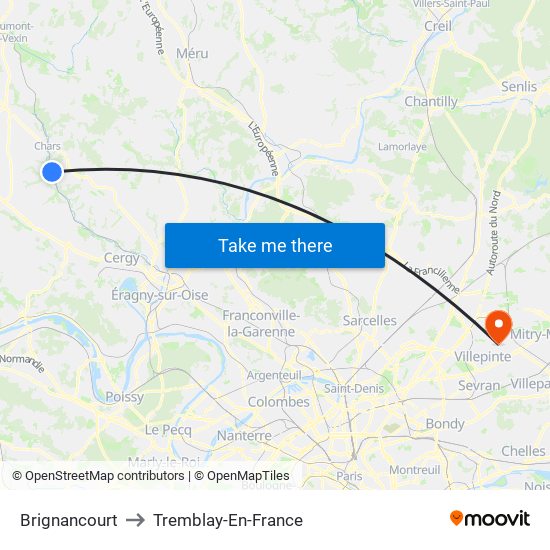 Brignancourt to Tremblay-En-France map
