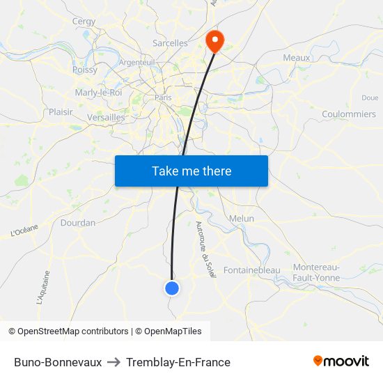 Buno-Bonnevaux to Tremblay-En-France map