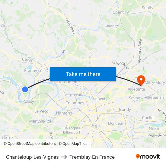 Chanteloup-Les-Vignes to Tremblay-En-France map