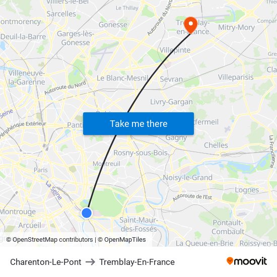 Charenton-Le-Pont to Tremblay-En-France map