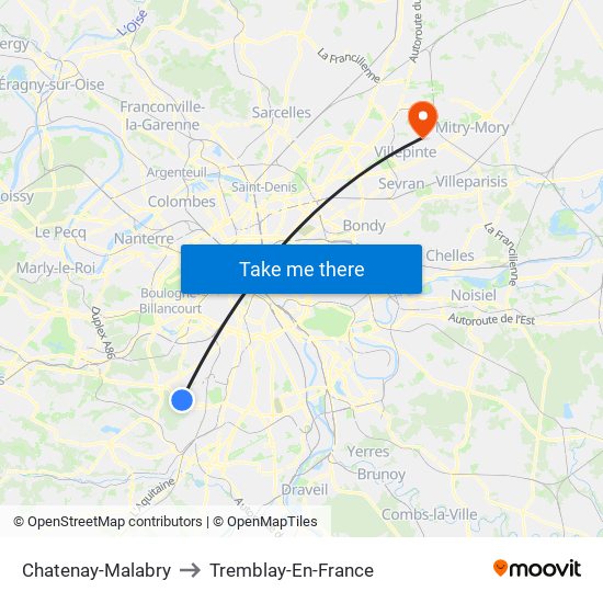 Chatenay-Malabry to Tremblay-En-France map