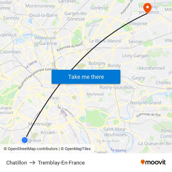 Chatillon to Tremblay-En-France map
