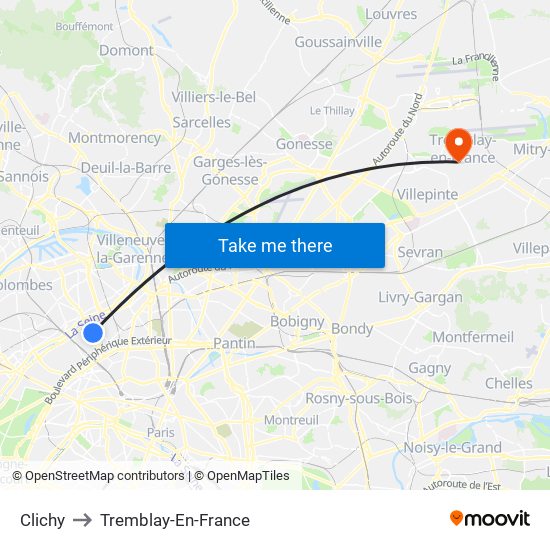 Clichy to Tremblay-En-France map