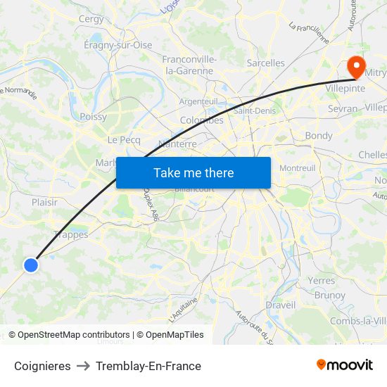 Coignieres to Tremblay-En-France map