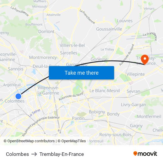 Colombes to Tremblay-En-France map