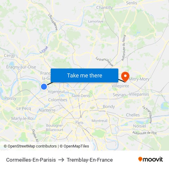 Cormeilles-En-Parisis to Tremblay-En-France map