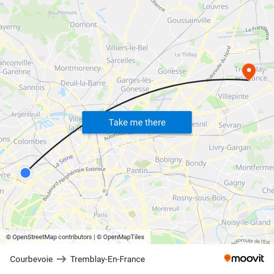 Courbevoie to Tremblay-En-France map