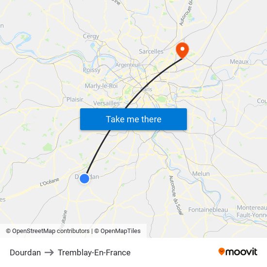 Dourdan to Tremblay-En-France map