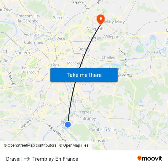 Draveil to Tremblay-En-France map