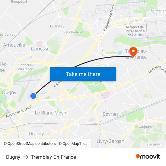 Dugny to Tremblay-En-France map
