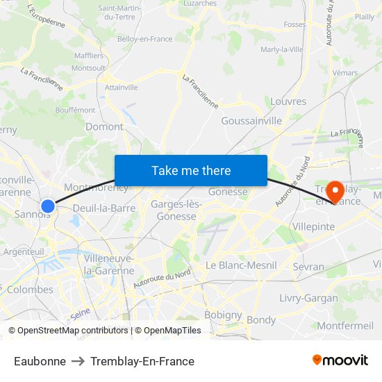 Eaubonne to Tremblay-En-France map