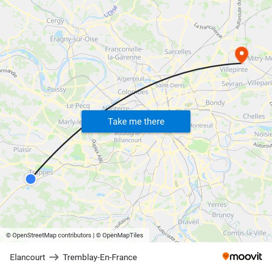 Elancourt to Tremblay-En-France map