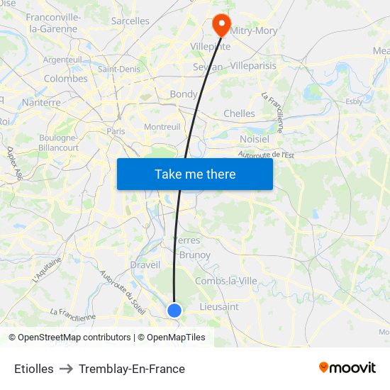 Etiolles to Tremblay-En-France map