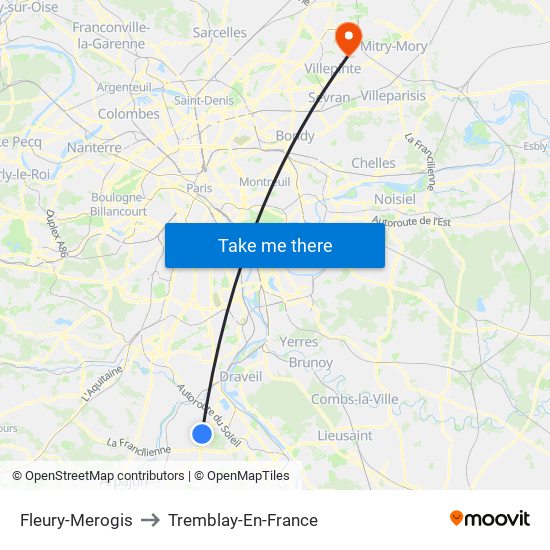 Fleury-Merogis to Tremblay-En-France map