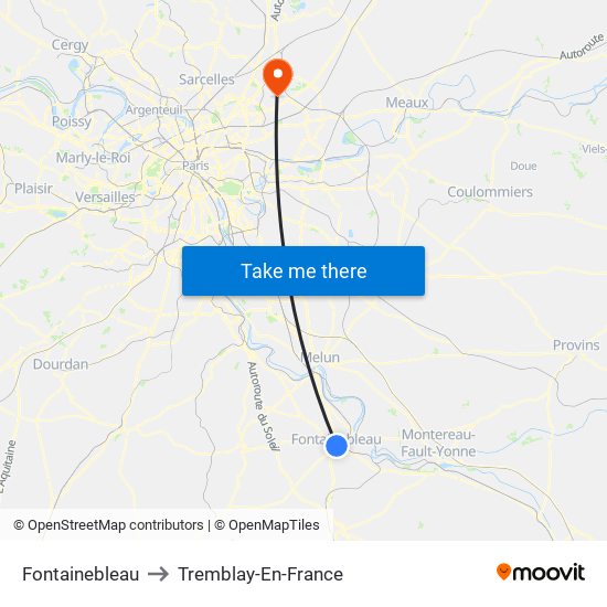 Fontainebleau to Tremblay-En-France map