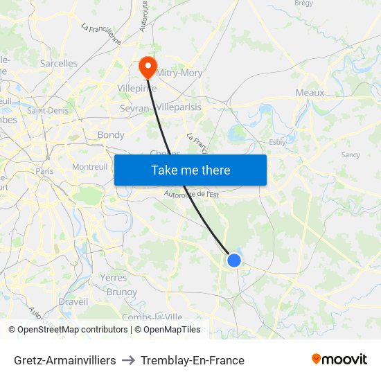 Gretz-Armainvilliers to Tremblay-En-France map
