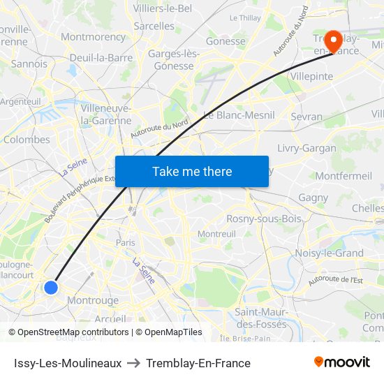 Issy-Les-Moulineaux to Tremblay-En-France map