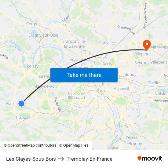 Les Clayes-Sous-Bois to Tremblay-En-France map