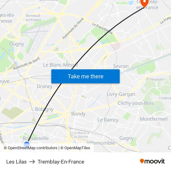 Les Lilas to Tremblay-En-France map