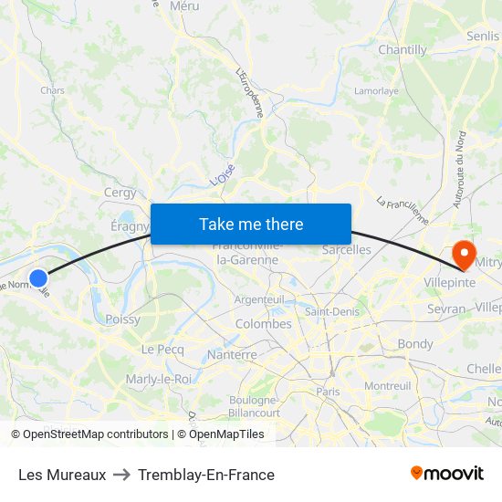 Les Mureaux to Tremblay-En-France map