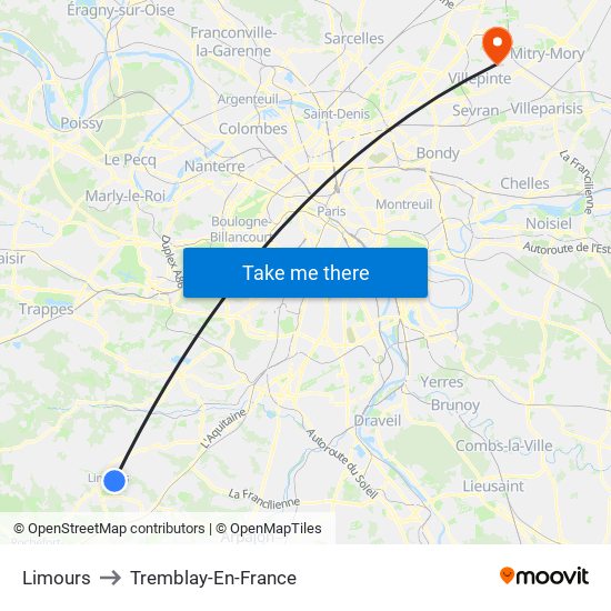 Limours to Tremblay-En-France map