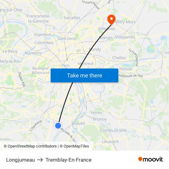 Longjumeau to Tremblay-En-France map
