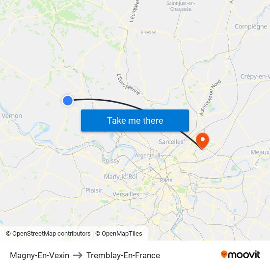 Magny-En-Vexin to Tremblay-En-France map