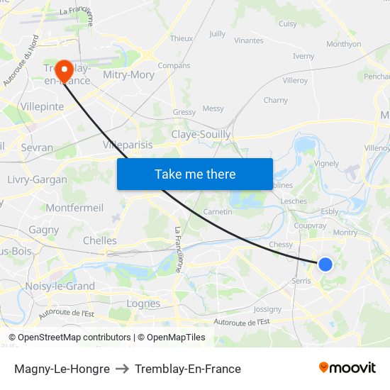 Magny-Le-Hongre to Tremblay-En-France map