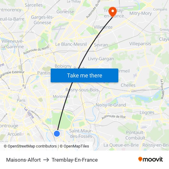 Maisons-Alfort to Tremblay-En-France map