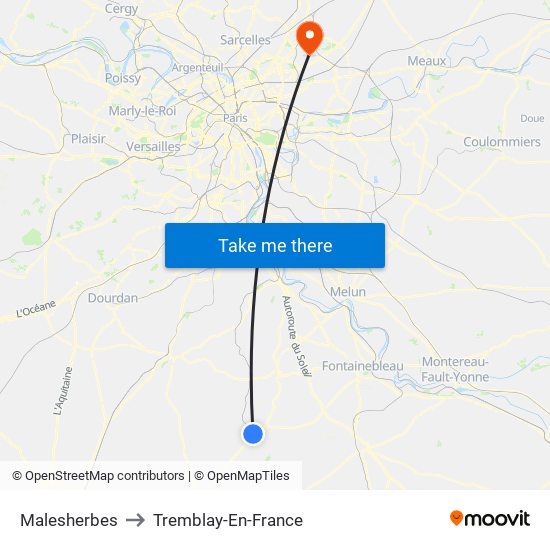 Malesherbes to Tremblay-En-France map