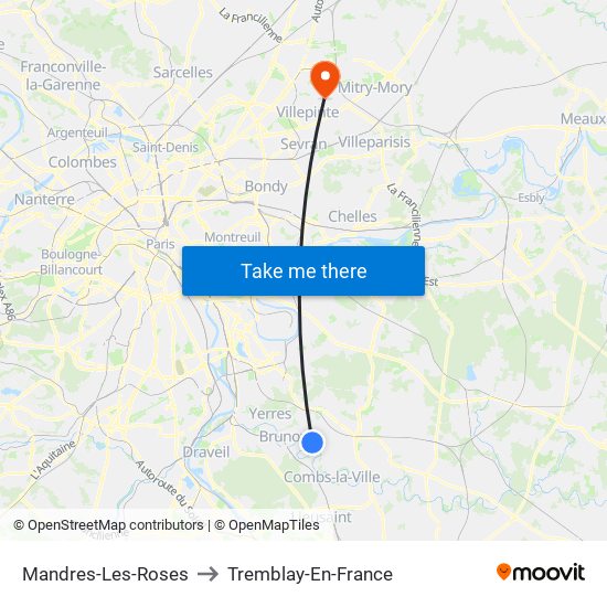 Mandres-Les-Roses to Tremblay-En-France map