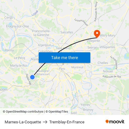 Marnes-La-Coquette to Tremblay-En-France map