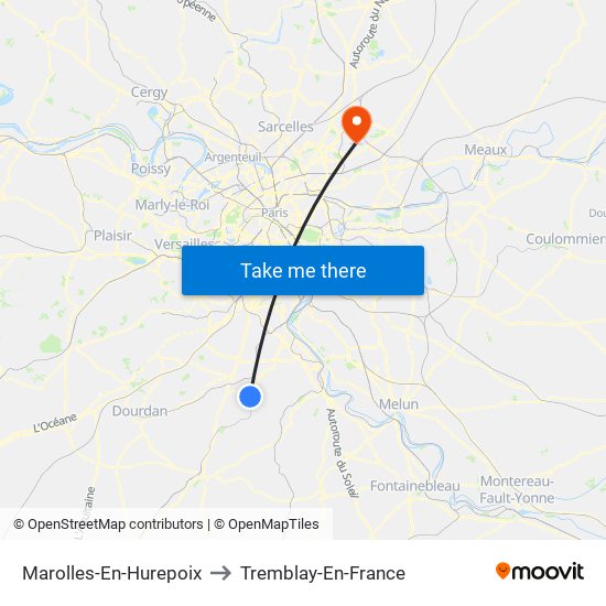 Marolles-En-Hurepoix to Tremblay-En-France map