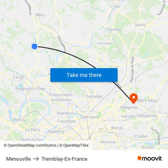 Menouville to Tremblay-En-France map
