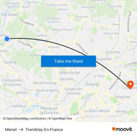 Meriel to Tremblay-En-France map