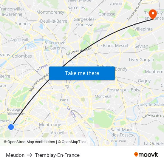 Meudon to Tremblay-En-France map