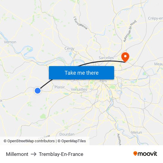 Millemont to Tremblay-En-France map