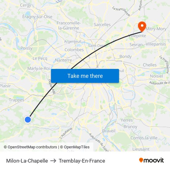 Milon-La-Chapelle to Tremblay-En-France map