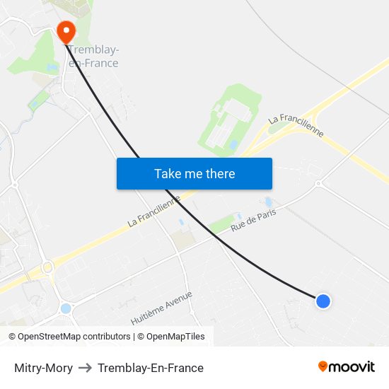 Mitry-Mory to Tremblay-En-France map