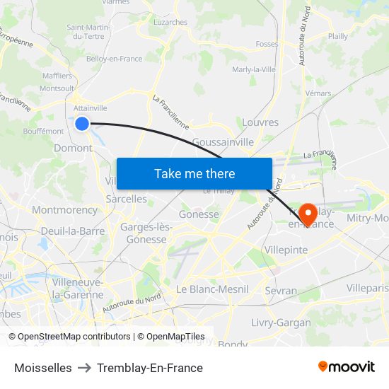 Moisselles to Tremblay-En-France map